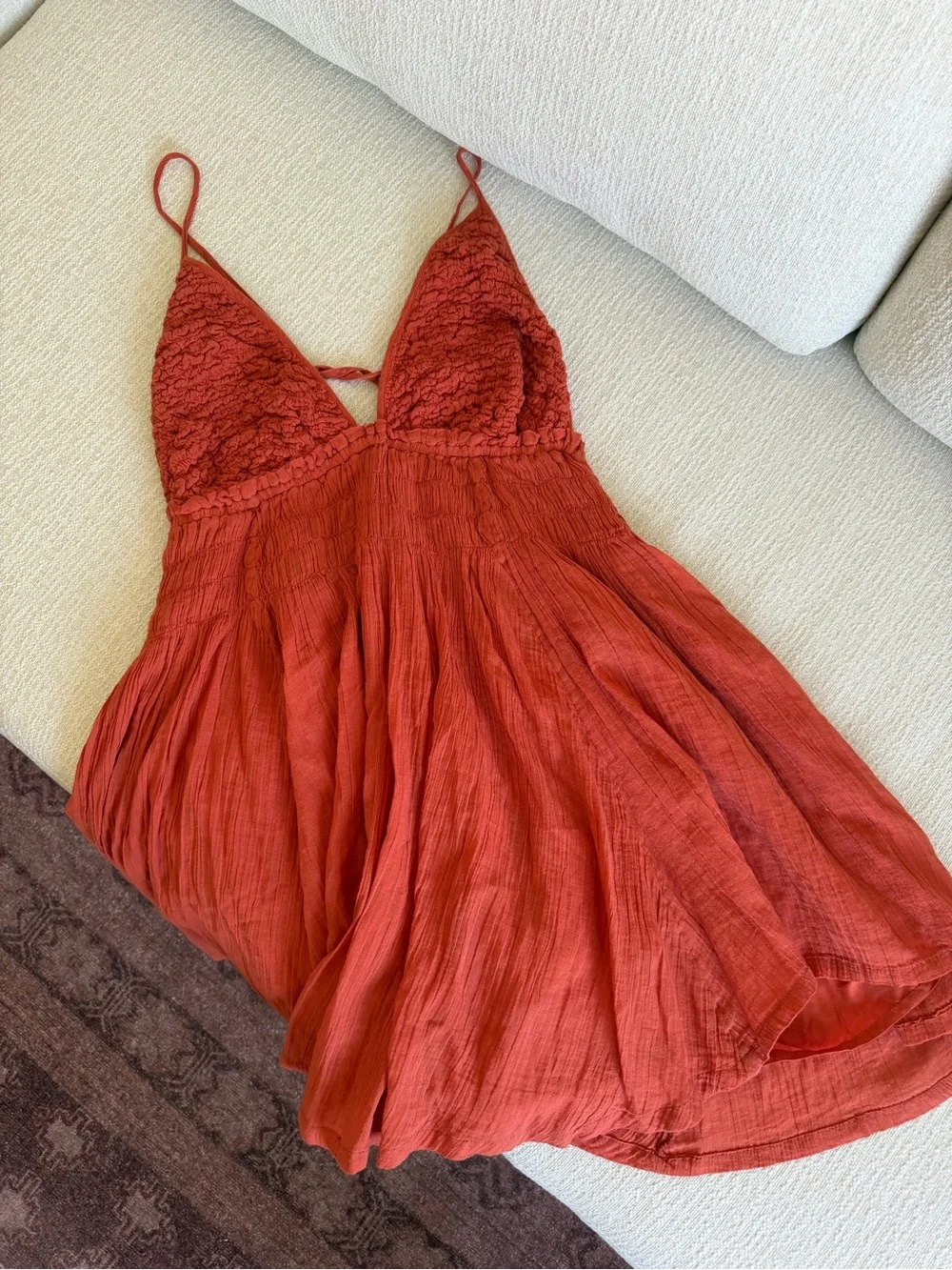 Free People Rust Orange Spaghetti-strap Smocked Mini Dress